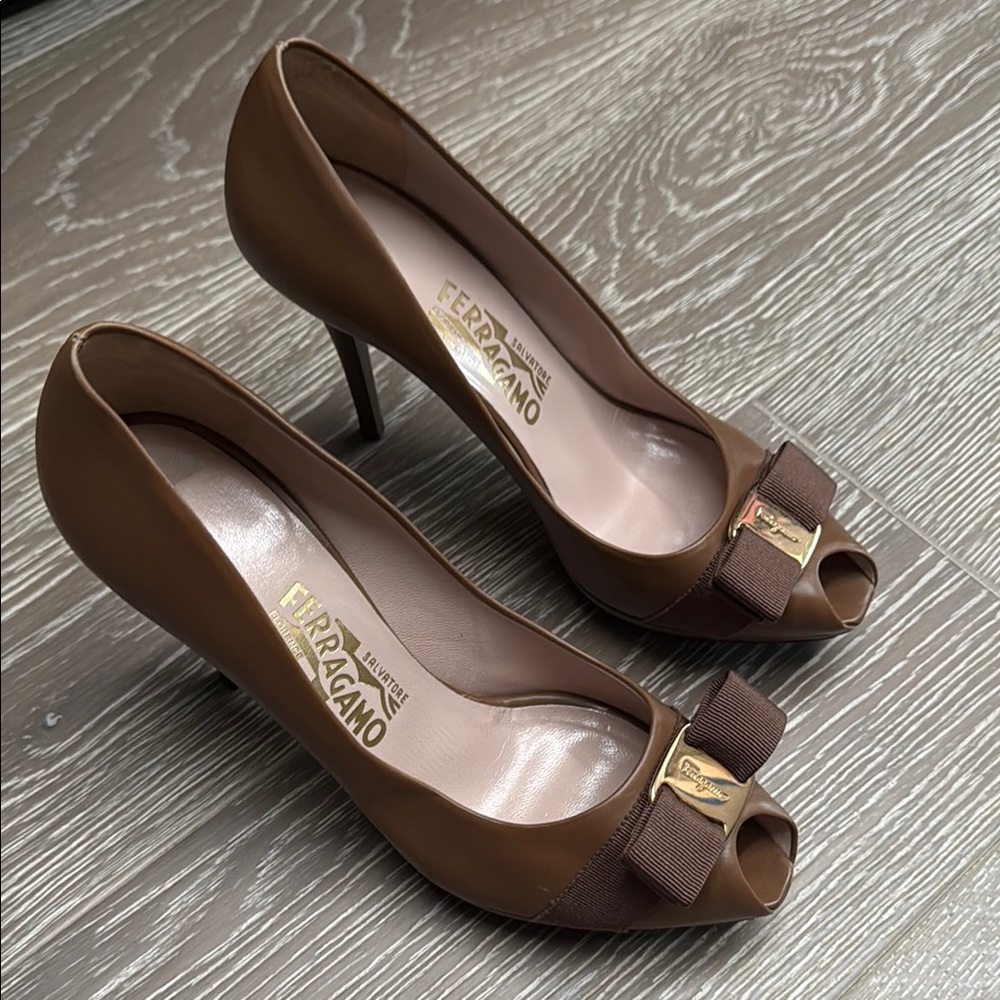 Salvatore Ferragamo Brown Stiletto Heels with Bow Detail